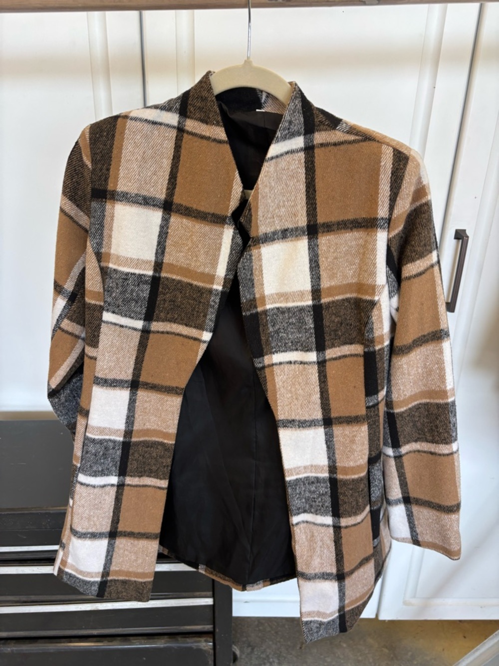 Womens Camel Plaid Open-Front Coat